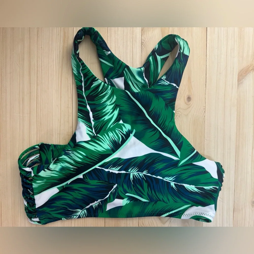 Cupshe Tropical Leaf Bikini Top Medium Green Palm Print High Neck Swimwear